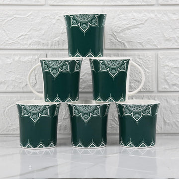 Fine Bone China Turquoise Green Cosmic Mehendi Design Tea Mugs, Ceramic Tea Cups, Coffee Mugs (160 ml) - 6 Pcs Set