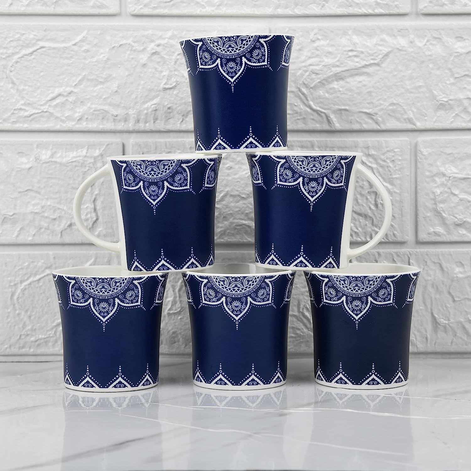 Fine Bone China Blue Cosmic Mehendi Design Tea Mugs, Ceramic Tea Cups, Coffee Mugs (160 ml) - 6 Pcs Set
