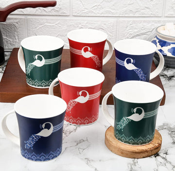 Fine Bone China Royal Peacock All Colors Tea Mugs, Ceramic Tea Cups, Coffee Mugs (160 ml) - 6 Pcs Set