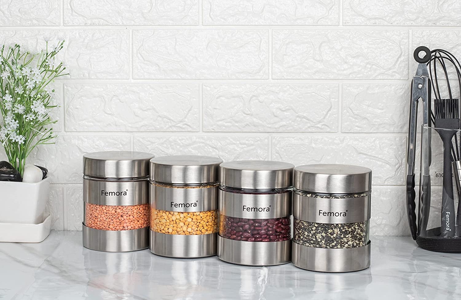 Glass Steel Metallic Jars for Kitchen Storage, 700 ML - Set of 4