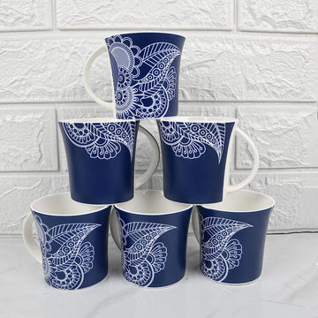 Fine Bone China Blue Rich Paisley Pattern Tea Mugs, Ceramic Tea Cups, Coffee Mugs (160 ml) - 6 Pcs Set