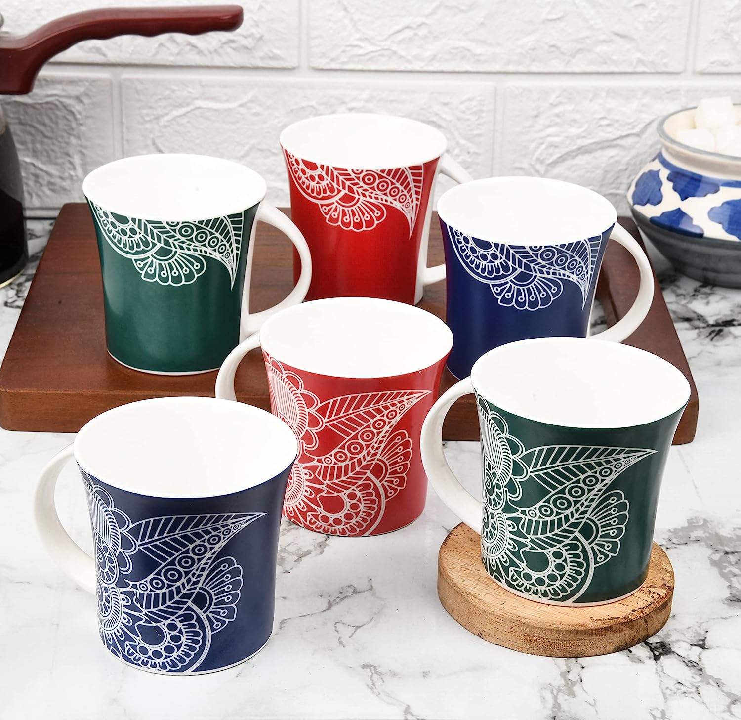 Fine Bone China Rich Paisley Pattern All Colors Tea Mugs, Ceramic Tea Cups, Coffee Mugs (160 ml) - 6 Pcs Set