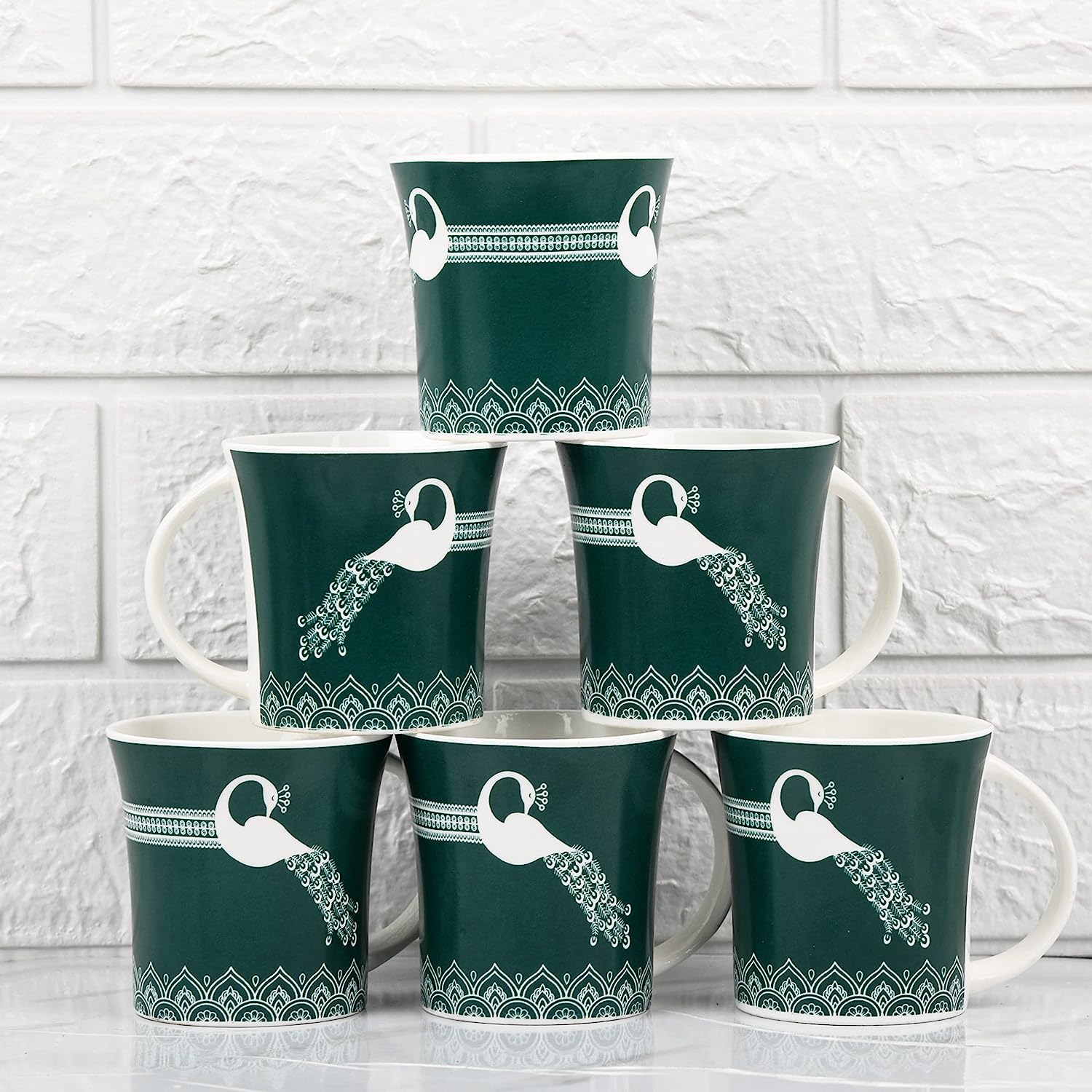 Premium Turquoise Green Royal Peacock Design Coffee & Tea Cup Set of 6, 160 ML, Femora