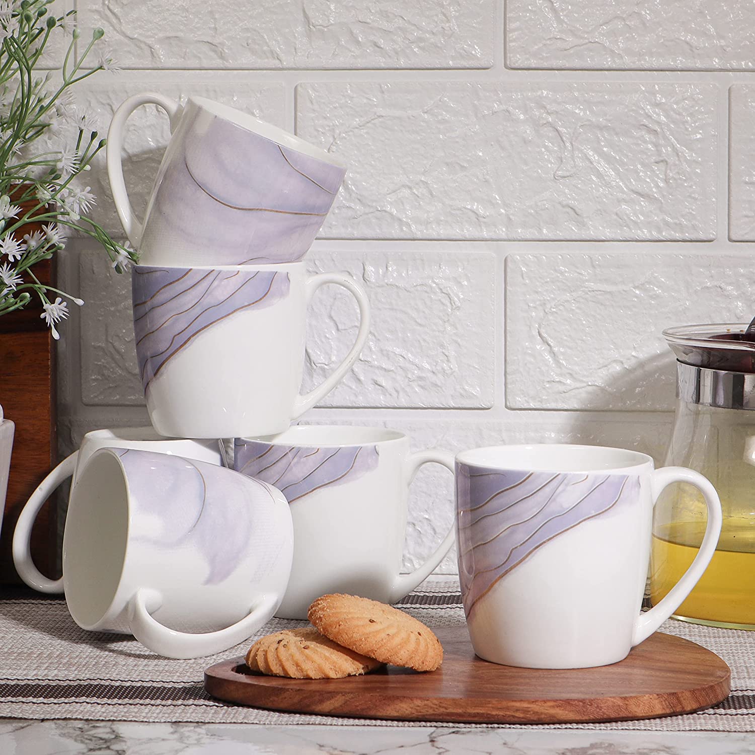 Marble Texture, Ceramic Blue Coffee & Tea Cup Set of 6, 160 ML, Femora