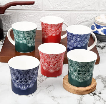 Fine Bone China Lavish Mandala All Colors Tea Mugs, Ceramic Tea Cups, Coffee Mugs (160 ml) - 6 Pcs Set