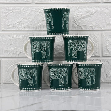 Fine Bone China Turquoise Green Majestic Elephant Design Tea Mugs, Ceramic Tea Cups, Coffee Mugs (160 ml) - 6 Pcs Set