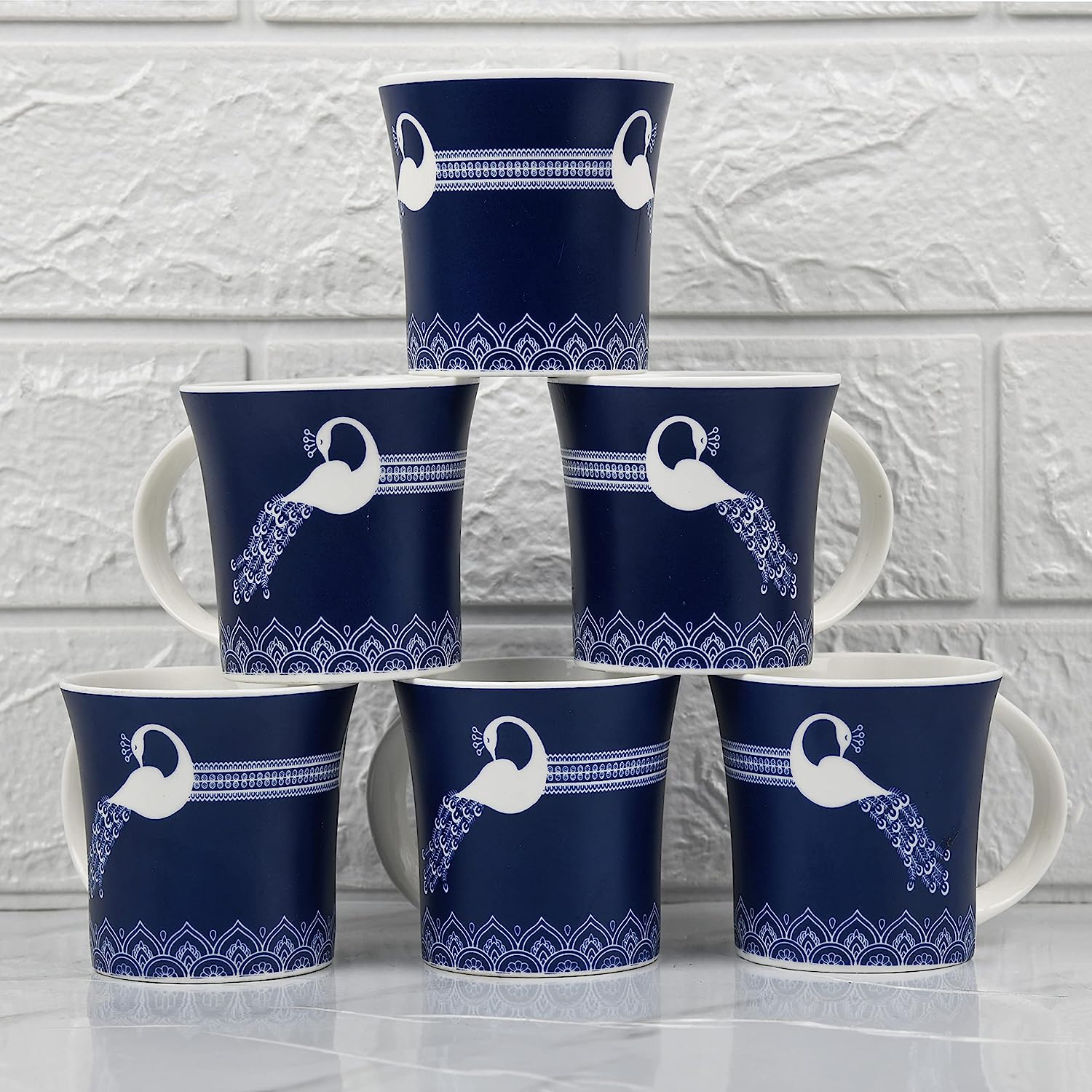 Fine Bone China Blue Royal Peacock Design Tea Mugs, Ceramic Tea Cups, Coffee Mugs (160 ml) - 6 Pcs Set