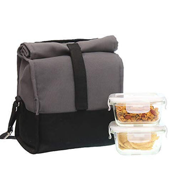 Borosilicate Glass Lunch Box Grey Black Canvas Bag Femora, 300 ML, 2 Pcs
