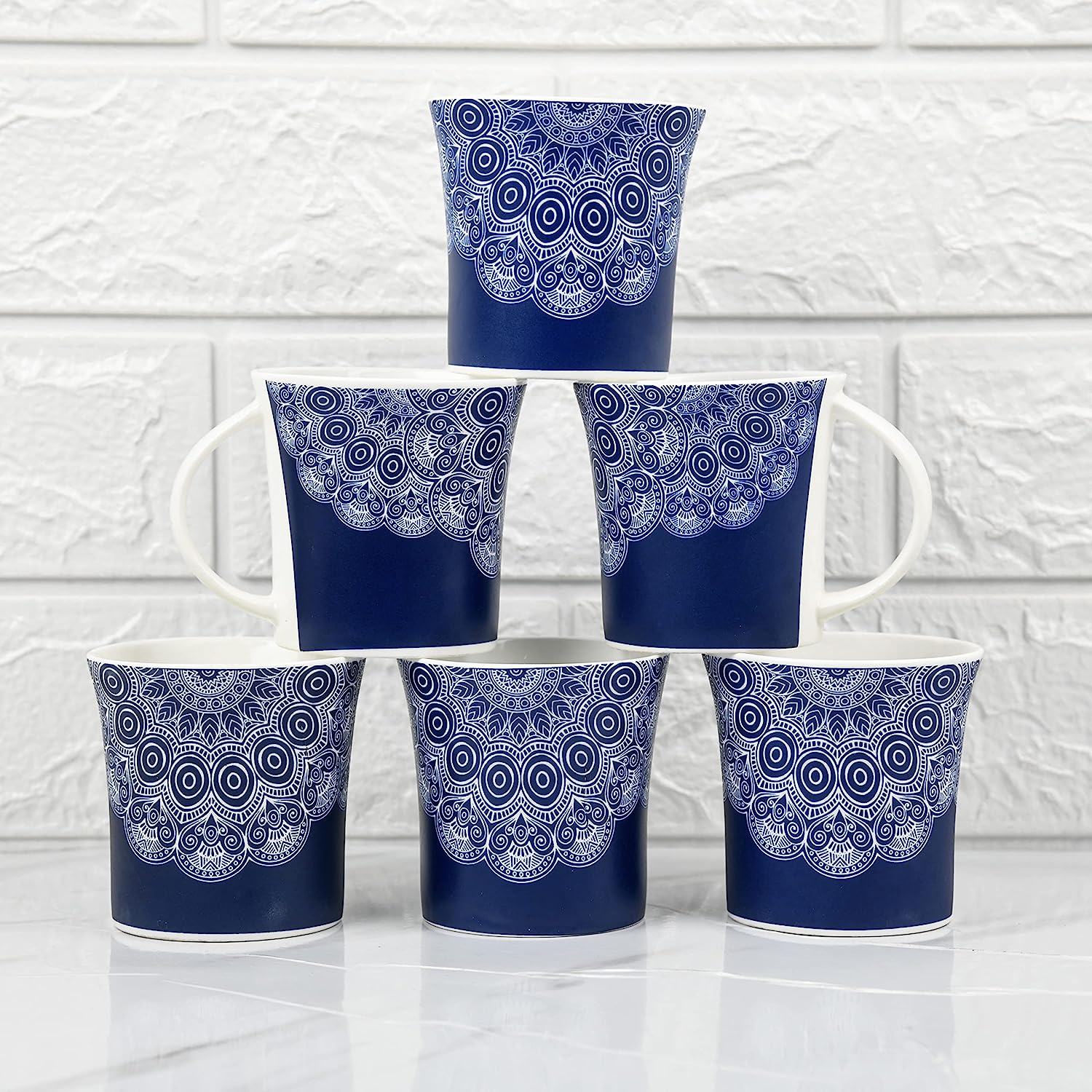 Fine Bone China Blue Lavish Mandala Design Tea Mugs, Ceramic Tea Cups, Coffee Mugs (160 ml) - 6 Pcs Set