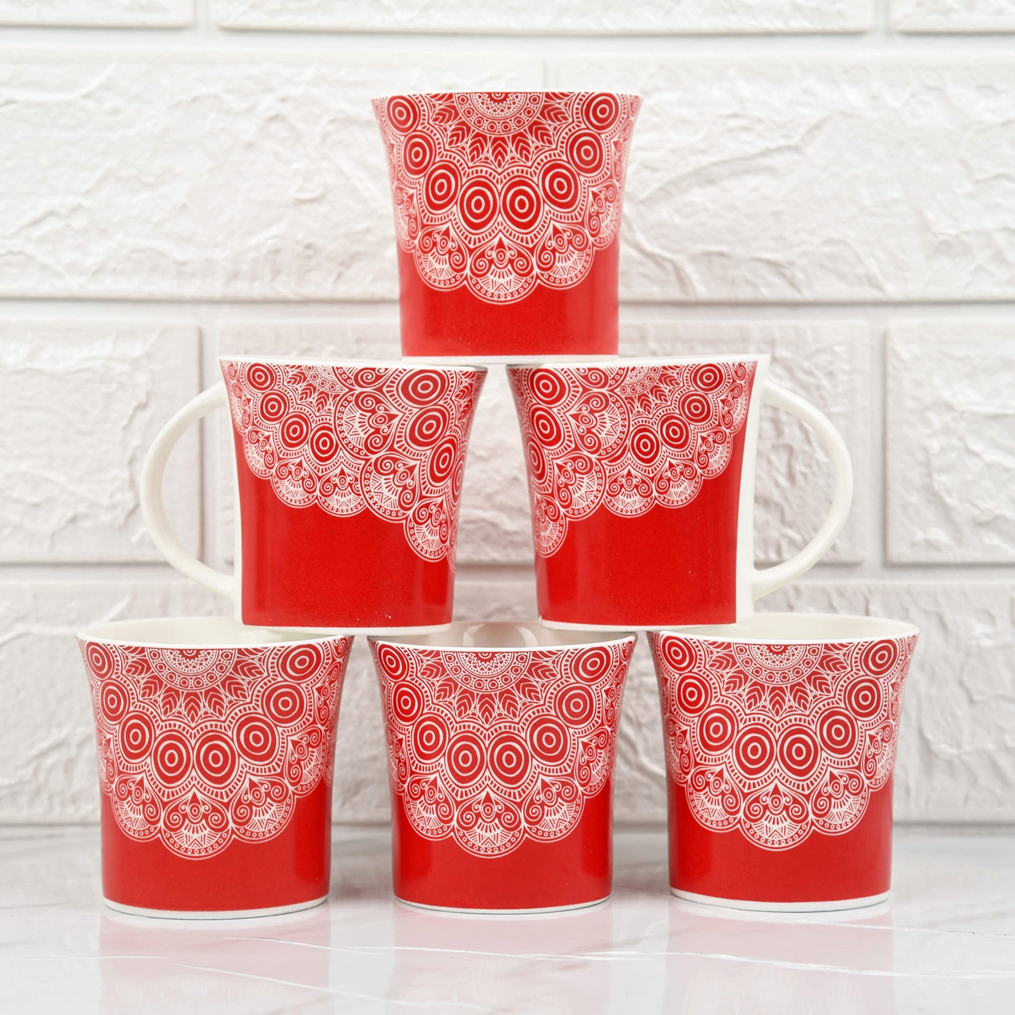 Fine Bone China Red Lavish Mandala Design Tea Mugs, Ceramic Tea Cups, Coffee Mugs (160 ml) - 6 Pcs Set