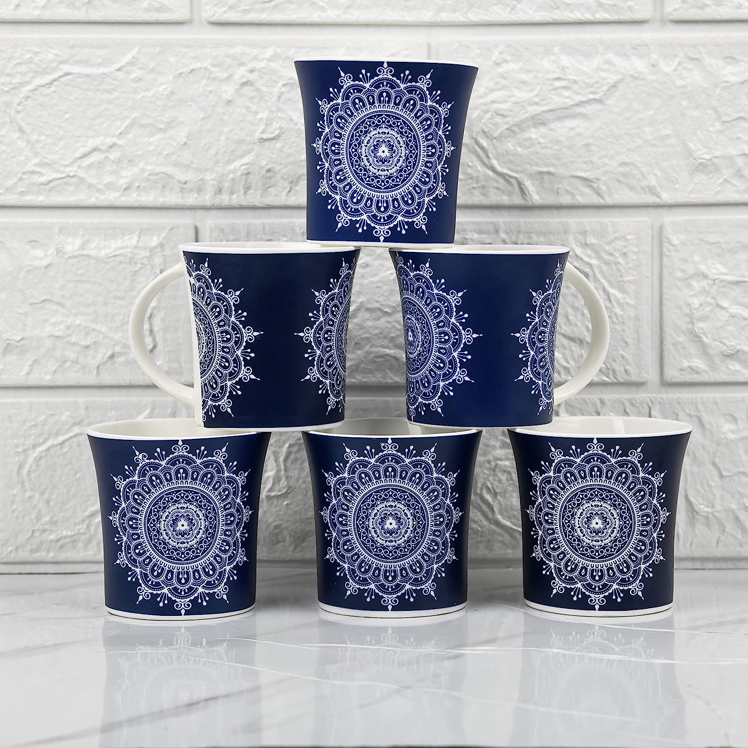 Fine Bone China Blue Eternal Circle Design Tea Mugs, Ceramic Tea Cups, Coffee Mugs (160 ml) - 6 Pcs Set