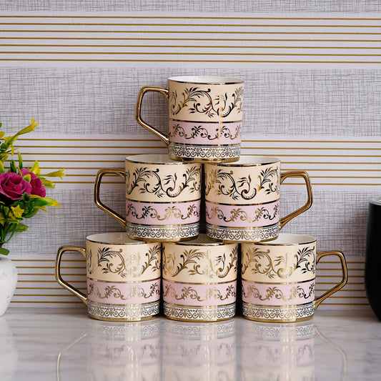 Premium Ceramic Pink Floral Gold Coffee & Tea Cup Set of 6, 180 ML, Femora