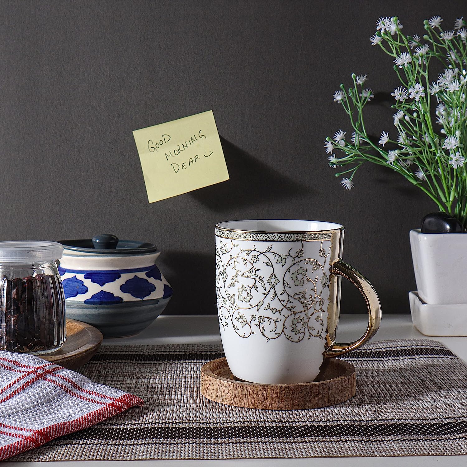 Premium Ceramic Gold Floral Design Coffee & Tea Cup Set of 6, 360 ML, Femora