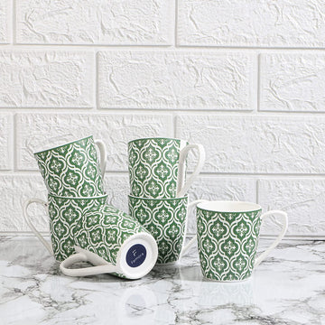 Green Block Print Design Coffee & Tea Cup Set of 6, 160 ML, Femora