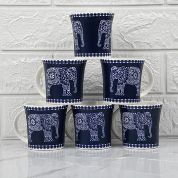 Bone China Blue Lavish Elephant  Design Tea Mugs, Ceramic Tea Cups, Coffee Mugs (160 ml) - 6 Pcs Set