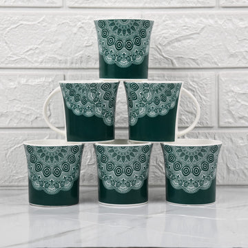 Fine Bone China Turquoise Green Lavish Mandala Design Tea Mugs, Ceramic Tea Cups, Coffee Mugs (160 ml) - 6 Pcs Set