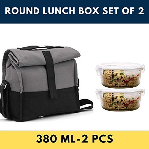 Borosilicate Glass Lunch Box Grey Black Canvas Bag Femora, 380 ML, 2 Pcs