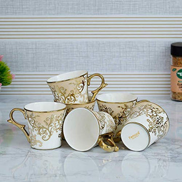 Premium Ceramic Floral Gold Line Coffee & Tea Cup Set of 6, 160 ML, Femora