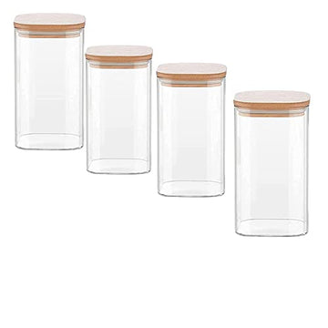 Glass Bamboo Lid Air Tight Jar - 1000 ML, Set of 4