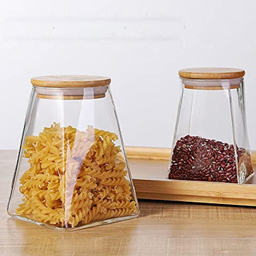 Borosilicate Glass Triangle Storage Jar with Bamboo Lid, 900 ML, Set of 4