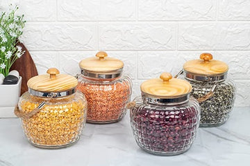 Glass Kitchen Storage Jar with Bamboo Lid, 500 ML, Set of 4