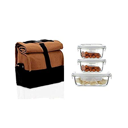 Borosilicate Glass Lunch Box Camel Black Canvas Bag Femora, 300 ML + 620 ML, 3 Pcs