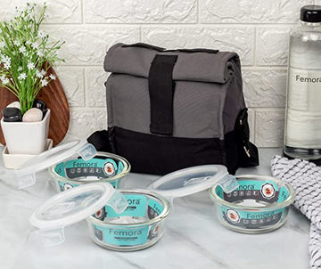 Borosilicate Glass Lunch Box Grey Black Canvas Bag Femora, 380 ML, 3 Pcs