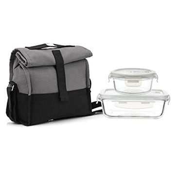 Borosilicate Glass Container Grey Black Lunch Box- Set of 2, Rectangle and Round , 620ML _ 380ML