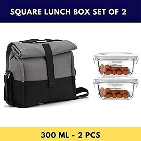 Borosilicate Glass Square Container Grey Black Canvas Lunch Box-300 ML, Set of 2, 1 Year Warranty