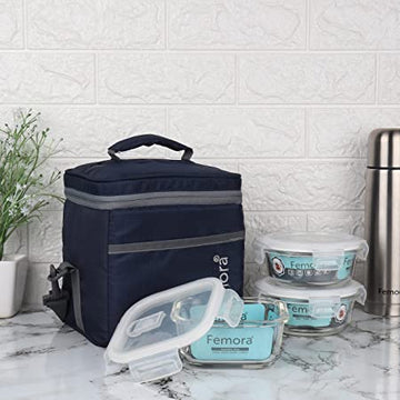 Borosilicate Glass Lunch Box Blue Canvas Bag Femora, 380 ML, 500 ML, 3 Pcs