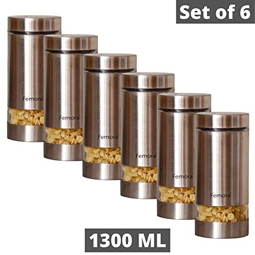 Glass Steel Metallic Jars for Kitchen Storage, 1300 ML - Set of 6