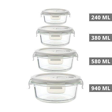 Borosilicate Glass Food Storage Round Container, Set of 4 pcs, (240ml, 380ml, 580ml, 940ml)