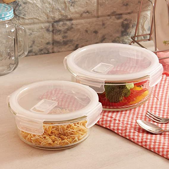 Borosilicate Glass Round Container with Air Vent Lid,  380 ML, 580 ML, Set of 2