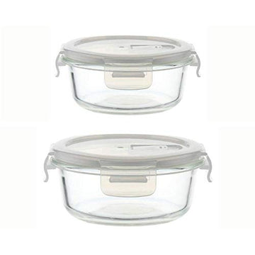 Borosilicate Glass Round Container with Air Vent Lid, 580 ML, 940 ML - Set of 2