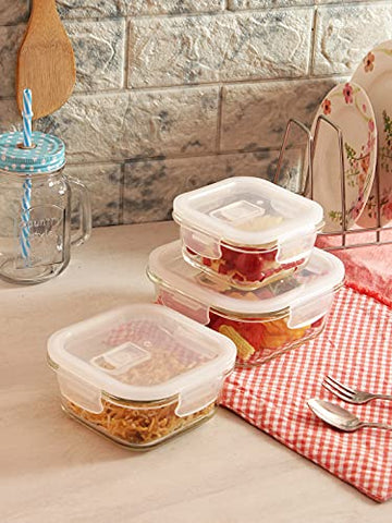 Borosilicate Glass Square Container with Air Vent Lid, 300ml, 500ml, 800ml, Set of 3