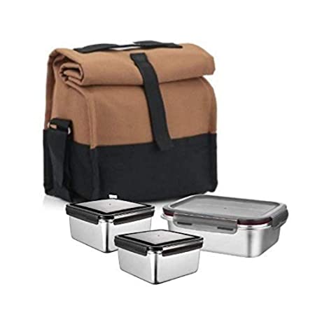 Stainless Steel Lunch Box Camel Black Canvas Bag Femora,380 ML, 550 ML, 3 Pcs